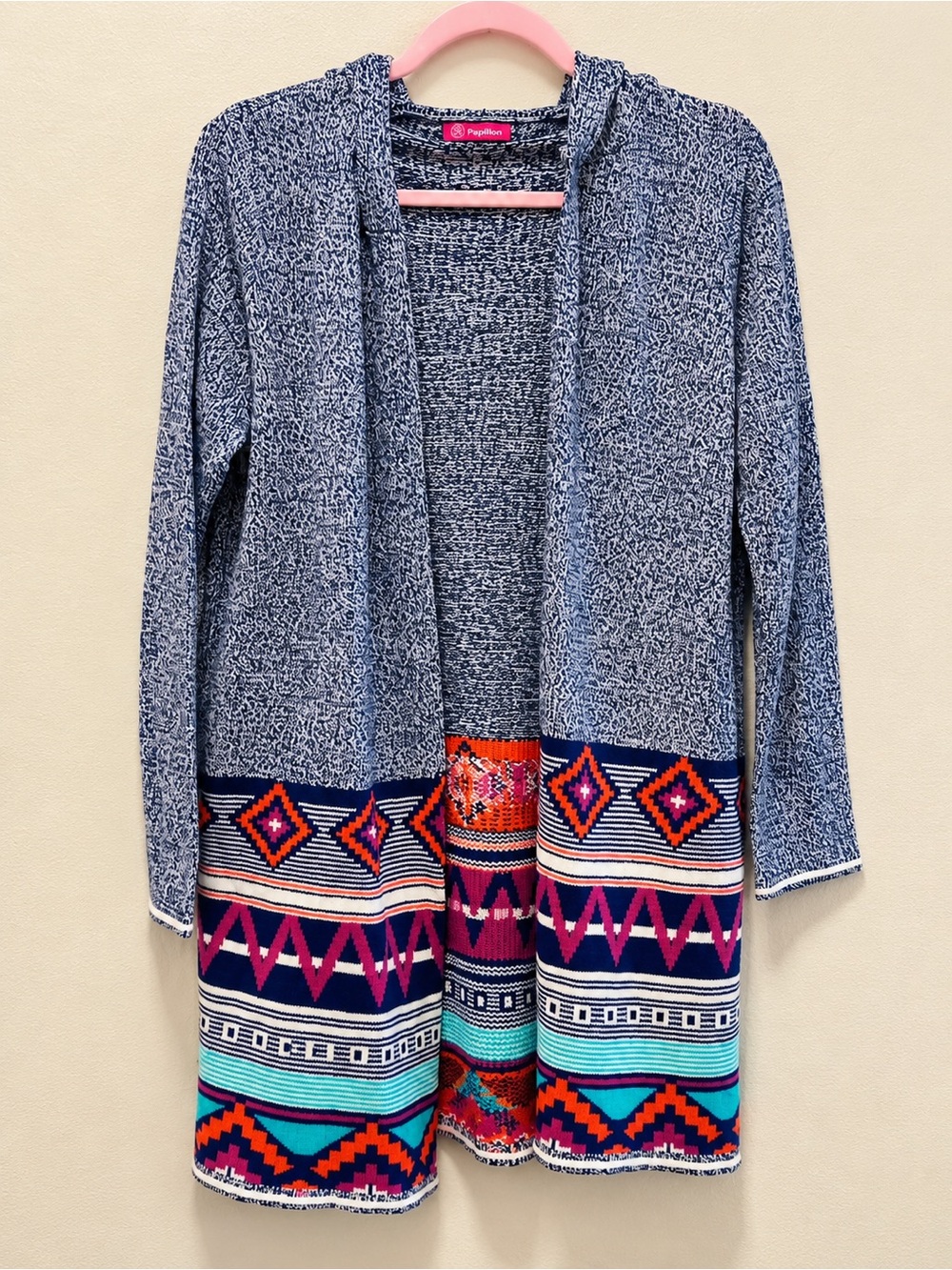 Pinklicious Navy Open-Front Cardigan with Multicolor Aztec Border